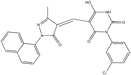 3-(3-chlorophenyl)-6-hydroxy-5-{[3-methyl-1-(1-naphthyl)-5-oxo-1,5-dihydro-4H-pyrazol-4-ylidene]methyl}-2,4(1H,3H)-pyrimidinedione 化学構造式
