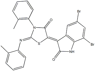 5,7-dibromo-3-{3-(2-methylphenyl)-2-[(2-methylphenyl)imino]-4-oxo-1,3-thiazolidin-5-ylidene}-1,3-dihydro-2H-indol-2-one 结构式