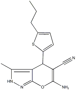6-amino-3-methyl-4-(5-propyl-2-thienyl)-2,4-dihydropyrano[2,3-c]pyrazole-5-carbonitrile Struktur