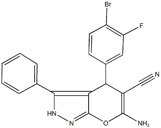 6-amino-4-(4-bromo-3-fluorophenyl)-3-phenyl-2,4-dihydropyrano[2,3-c]pyrazole-5-carbonitrile Structure