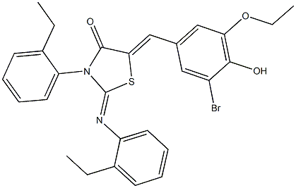 5-(3-bromo-5-ethoxy-4-hydroxybenzylidene)-3-(2-ethylphenyl)-2-[(2-ethylphenyl)imino]-1,3-thiazolidin-4-one 化学構造式