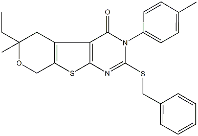 2-(benzylsulfanyl)-6-ethyl-6-methyl-3-(4-methylphenyl)-3,5,6,8-tetrahydro-4H-pyrano[4',3':4,5]thieno[2,3-d]pyrimidin-4-one Structure