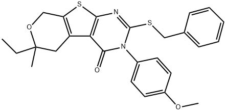 2-(benzylsulfanyl)-6-ethyl-3-(4-methoxyphenyl)-6-methyl-3,5,6,8-tetrahydro-4H-pyrano[4',3':4,5]thieno[2,3-d]pyrimidin-4-one Struktur