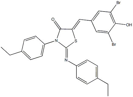 5-(3,5-dibromo-4-hydroxybenzylidene)-3-(4-ethylphenyl)-2-[(4-ethylphenyl)imino]-1,3-thiazolidin-4-one 化学構造式