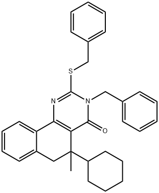 3-benzyl-2-(benzylsulfanyl)-5-cyclohexyl-5-methyl-5,6-dihydrobenzo[h]quinazolin-4(3H)-one Structure