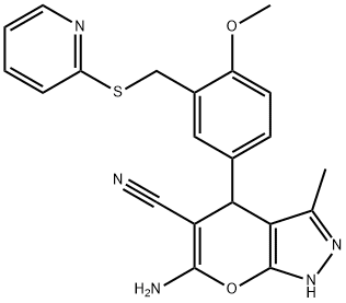 6-amino-4-{4-methoxy-3-[(2-pyridinylsulfanyl)methyl]phenyl}-3-methyl-2,4-dihydropyrano[2,3-c]pyrazole-5-carbonitrile 结构式