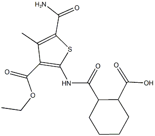 2-({[5-(aminocarbonyl)-3-(ethoxycarbonyl)-4-methyl-2-thienyl]amino}carbonyl)cyclohexanecarboxylic acid 化学構造式