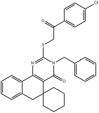 3-benzyl-2-{[2-(4-chlorophenyl)-2-oxoethyl]sulfanyl}-5,6-dihydrospiro(benzo[h]quinazoline-5,1'-cyclohexane)-4(3H)-one Struktur