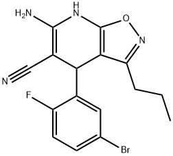 6-amino-4-(5-bromo-2-fluorophenyl)-3-propyl-4,7-dihydroisoxazolo[5,4-b]pyridine-5-carbonitrile 化学構造式