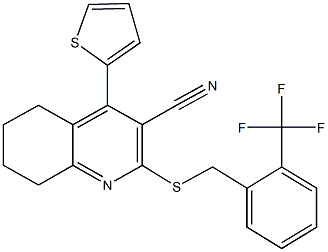 4-(2-thienyl)-2-{[2-(trifluoromethyl)benzyl]sulfanyl}-5,6,7,8-tetrahydro-3-quinolinecarbonitrile 化学構造式