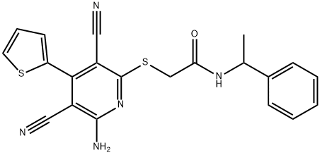 2-{[6-amino-3,5-dicyano-4-(2-thienyl)-2-pyridinyl]sulfanyl}-N-(1-phenylethyl)acetamide 结构式