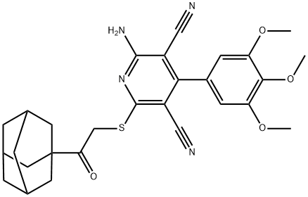 2-{[2-(1-adamantyl)-2-oxoethyl]sulfanyl}-6-amino-4-(3,4,5-trimethoxyphenyl)-3,5-pyridinedicarbonitrile Struktur