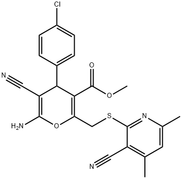 methyl 6-amino-4-(4-chlorophenyl)-5-cyano-2-{[(3-cyano-4,6-dimethyl-2-pyridinyl)sulfanyl]methyl}-4H-pyran-3-carboxylate Struktur