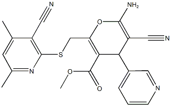 methyl 6-amino-5-cyano-2-{[(3-cyano-4,6-dimethyl-2-pyridinyl)sulfanyl]methyl}-4-(3-pyridinyl)-4H-pyran-3-carboxylate 化学構造式