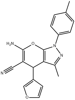 6-amino-4-(3-furyl)-3-methyl-1-(4-methylphenyl)-1,4-dihydropyrano[2,3-c]pyrazole-5-carbonitrile 化学構造式