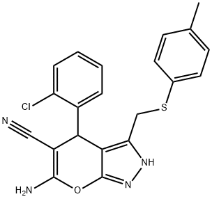 6-amino-4-(2-chlorophenyl)-3-{[(4-methylphenyl)sulfanyl]methyl}-2,4-dihydropyrano[2,3-c]pyrazole-5-carbonitrile Struktur