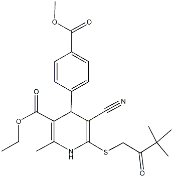 ethyl 5-cyano-6-[(3,3-dimethyl-2-oxobutyl)sulfanyl]-4-[4-(methoxycarbonyl)phenyl]-2-methyl-1,4-dihydro-3-pyridinecarboxylate 化学構造式