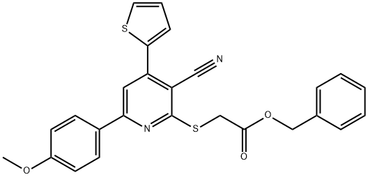 benzyl 2-{[3-cyano-6-(4-methoxyphenyl)-4-(2-thienyl)-2-pyridinyl]sulfanyl}acetate 化学構造式