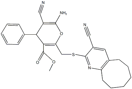 methyl 6-amino-5-cyano-2-{[(3-cyano-5,6,7,8,9,10-hexahydrocycloocta[b]pyridin-2-yl)sulfanyl]methyl}-4-phenyl-4H-pyran-3-carboxylate Structure