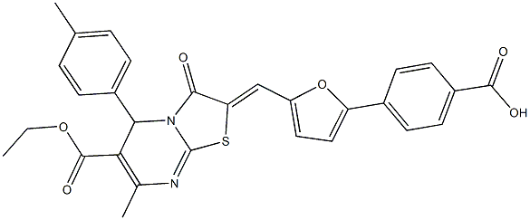 4-{5-[(6-(ethoxycarbonyl)-7-methyl-5-(4-methylphenyl)-3-oxo-5H-[1,3]thiazolo[3,2-a]pyrimidin-2(3H)-ylidene)methyl]-2-furyl}benzoic acid Struktur