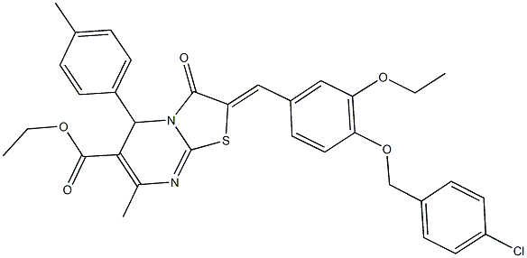 ethyl 2-{4-[(4-chlorobenzyl)oxy]-3-ethoxybenzylidene}-7-methyl-5-(4-methylphenyl)-3-oxo-2,3-dihydro-5H-[1,3]thiazolo[3,2-a]pyrimidine-6-carboxylate 结构式