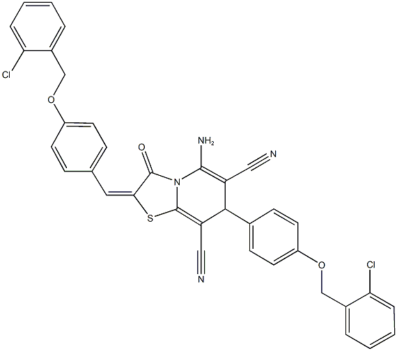 5-amino-2-{4-[(2-chlorobenzyl)oxy]benzylidene}-7-{4-[(2-chlorobenzyl)oxy]phenyl}-3-oxo-2,3-dihydro-7H-[1,3]thiazolo[3,2-a]pyridine-6,8-dicarbonitrile 结构式