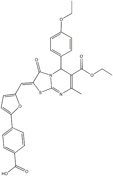 4-{5-[(6-(ethoxycarbonyl)-5-(4-ethoxyphenyl)-7-methyl-3-oxo-5H-[1,3]thiazolo[3,2-a]pyrimidin-2(3H)-ylidene)methyl]-2-furyl}benzoic acid Structure