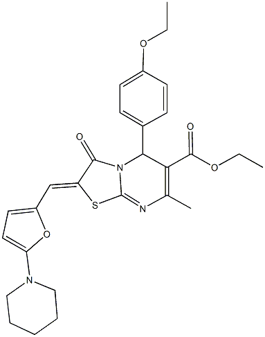 ethyl 5-(4-ethoxyphenyl)-7-methyl-3-oxo-2-{[5-(1-piperidinyl)-2-furyl]methylene}-2,3-dihydro-5H-[1,3]thiazolo[3,2-a]pyrimidine-6-carboxylate 结构式