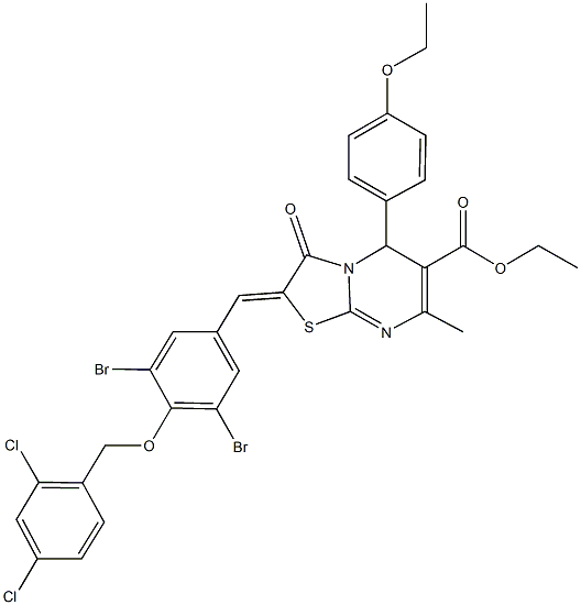 ethyl 2-{3,5-dibromo-4-[(2,4-dichlorobenzyl)oxy]benzylidene}-5-(4-ethoxyphenyl)-7-methyl-3-oxo-2,3-dihydro-5H-[1,3]thiazolo[3,2-a]pyrimidine-6-carboxylate Struktur