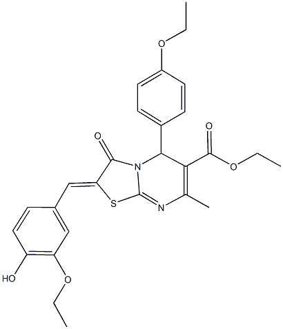 ethyl 2-(3-ethoxy-4-hydroxybenzylidene)-5-(4-ethoxyphenyl)-7-methyl-3-oxo-2,3-dihydro-5H-[1,3]thiazolo[3,2-a]pyrimidine-6-carboxylate 化学構造式