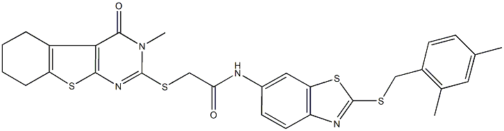 N-{2-[(2,4-dimethylbenzyl)sulfanyl]-1,3-benzothiazol-6-yl}-2-[(3-methyl-4-oxo-3,4,5,6,7,8-hexahydro[1]benzothieno[2,3-d]pyrimidin-2-yl)sulfanyl]acetamide Structure