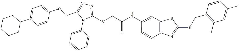 2-({5-[(4-cyclohexylphenoxy)methyl]-4-phenyl-4H-1,2,4-triazol-3-yl}sulfanyl)-N-{2-[(2,4-dimethylbenzyl)sulfanyl]-1,3-benzothiazol-6-yl}acetamide Structure