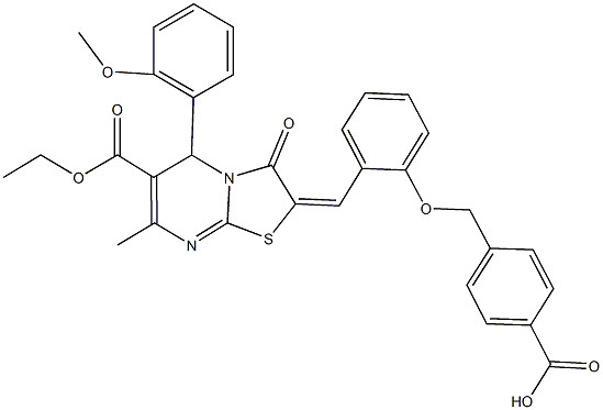 4-({2-[(6-(ethoxycarbonyl)-5-(2-methoxyphenyl)-7-methyl-3-oxo-5H-[1,3]thiazolo[3,2-a]pyrimidin-2(3H)-ylidene)methyl]phenoxy}methyl)benzoic acid Struktur