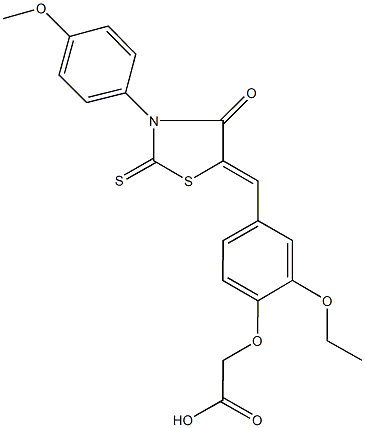 (2-ethoxy-4-{[3-(4-methoxyphenyl)-4-oxo-2-thioxo-1,3-thiazolidin-5-ylidene]methyl}phenoxy)acetic acid 化学構造式