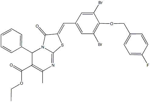 ethyl 2-{3,5-dibromo-4-[(4-fluorobenzyl)oxy]benzylidene}-7-methyl-3-oxo-5-phenyl-2,3-dihydro-5H-[1,3]thiazolo[3,2-a]pyrimidine-6-carboxylate 化学構造式