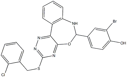 2-bromo-4-{3-[(2-chlorobenzyl)sulfanyl]-6,7-dihydro[1,2,4]triazino[5,6-d][3,1]benzoxazepin-6-yl}phenol 化学構造式