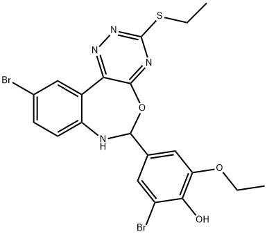 2-bromo-4-[10-bromo-3-(ethylsulfanyl)-6,7-dihydro[1,2,4]triazino[5,6-d][3,1]benzoxazepin-6-yl]-6-ethoxyphenol 化学構造式