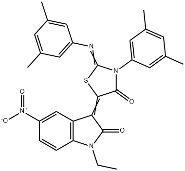 3-{3-(3,5-dimethylphenyl)-2-[(3,5-dimethylphenyl)imino]-4-oxo-1,3-thiazolidin-5-ylidene}-1-ethyl-5-nitro-1,3-dihydro-2H-indol-2-one Struktur