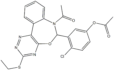 3-[7-acetyl-3-(ethylsulfanyl)-6,7-dihydro[1,2,4]triazino[5,6-d][3,1]benzoxazepin-6-yl]-4-chlorophenyl acetate 化学構造式