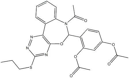 3-(acetyloxy)-4-[7-acetyl-3-(propylsulfanyl)-6,7-dihydro[1,2,4]triazino[5,6-d][3,1]benzoxazepin-6-yl]phenyl acetate 化学構造式