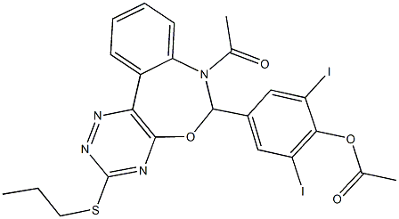 4-[7-acetyl-3-(propylsulfanyl)-6,7-dihydro[1,2,4]triazino[5,6-d][3,1]benzoxazepin-6-yl]-2,6-diiodophenyl acetate 化学構造式