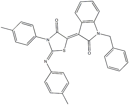 1-benzyl-3-{3-(4-methylphenyl)-2-[(4-methylphenyl)imino]-4-oxo-1,3-thiazolidin-5-ylidene}-1,3-dihydro-2H-indol-2-one Struktur