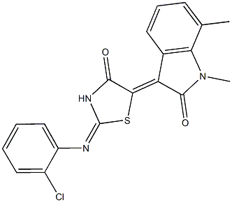 3-{2-[(2-chlorophenyl)imino]-4-oxo-1,3-thiazolidin-5-ylidene}-1,7-dimethyl-1,3-dihydro-2H-indol-2-one 化学構造式