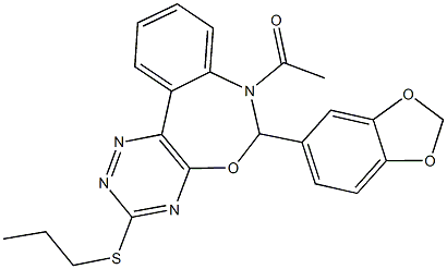 7-acetyl-6-(1,3-benzodioxol-5-yl)-6,7-dihydro[1,2,4]triazino[5,6-d][3,1]benzoxazepin-3-yl propyl sulfide 化学構造式