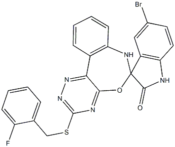 5-bromo-3'-[(2-fluorobenzyl)sulfanyl]-1,3,6',7'-tetrahydrospiro(2H-indole-3,6'-[1,2,4]triazino[5,6-d][3,1]benzoxazepine)-2-one Struktur