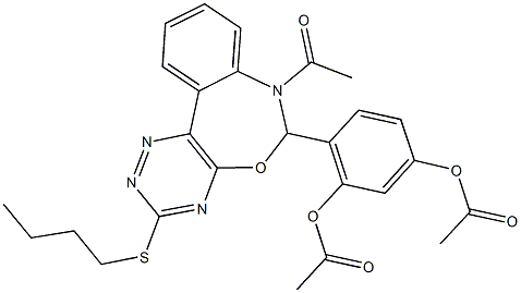 2-[7-acetyl-3-(butylsulfanyl)-6,7-dihydro[1,2,4]triazino[5,6-d][3,1]benzoxazepin-6-yl]-5-(acetyloxy)phenyl acetate Struktur