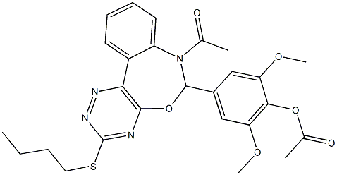 4-[7-acetyl-3-(butylsulfanyl)-6,7-dihydro[1,2,4]triazino[5,6-d][3,1]benzoxazepin-6-yl]-2,6-dimethoxyphenyl acetate Struktur