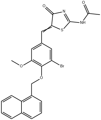 N-{5-[3-bromo-5-methoxy-4-(1-naphthylmethoxy)benzylidene]-4-oxo-1,3-thiazolidin-2-ylidene}acetamide Struktur