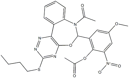 2-[7-acetyl-3-(butylsulfanyl)-6,7-dihydro[1,2,4]triazino[5,6-d][3,1]benzoxazepin-6-yl]-6-nitro-4-methoxyphenyl acetate Structure