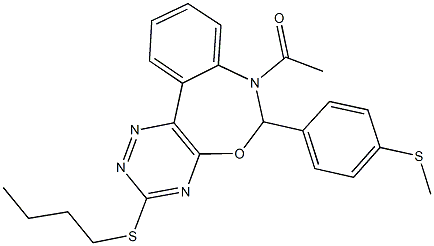 7-acetyl-3-(butylsulfanyl)-6-[4-(methylsulfanyl)phenyl]-6,7-dihydro[1,2,4]triazino[5,6-d][3,1]benzoxazepine 化学構造式